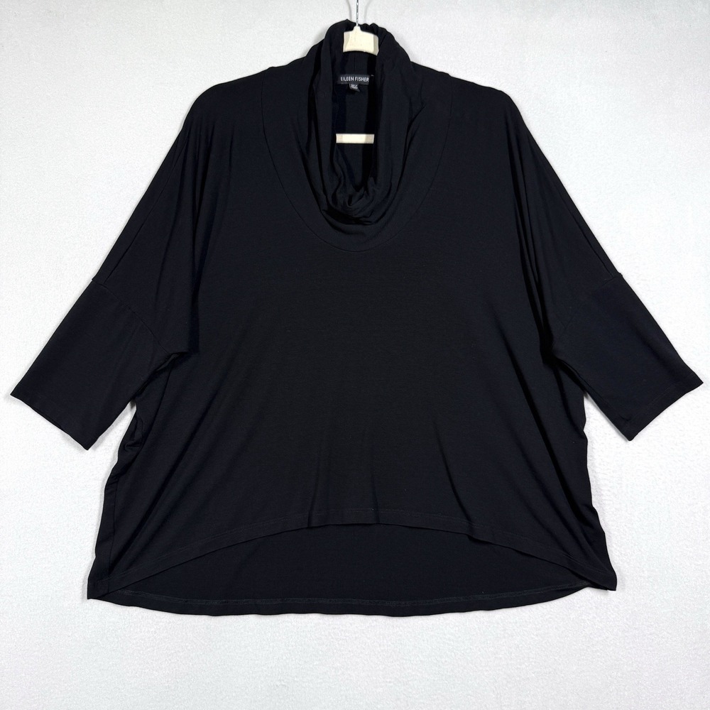Eileen Fisher Top Women Medium Stretch Knit Cowl Neck 3/4 Sleeve Lagenlook Black